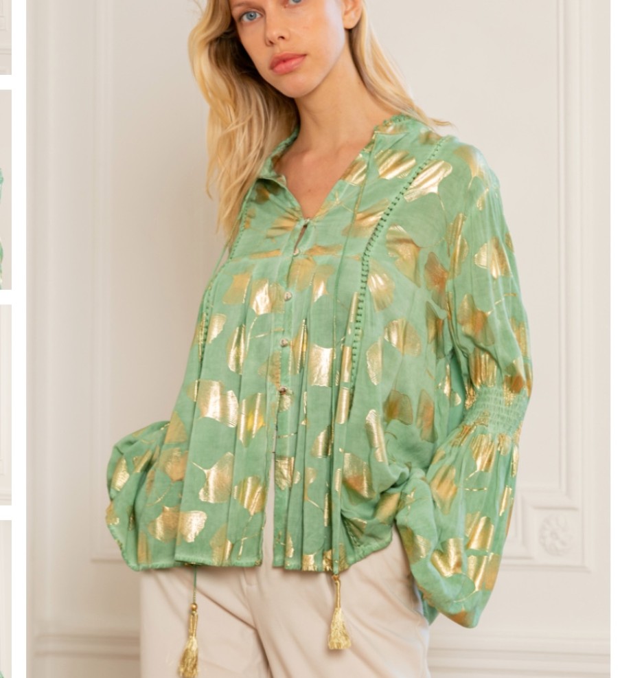 La Maison Blouses And Tops | Last Queen Gold Effect Print Shirt With Lantern Sleeves - La Maison