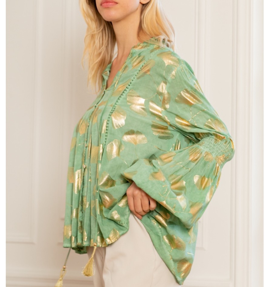 La Maison Blouses And Tops | Last Queen Gold Effect Print Shirt With Lantern Sleeves - La Maison