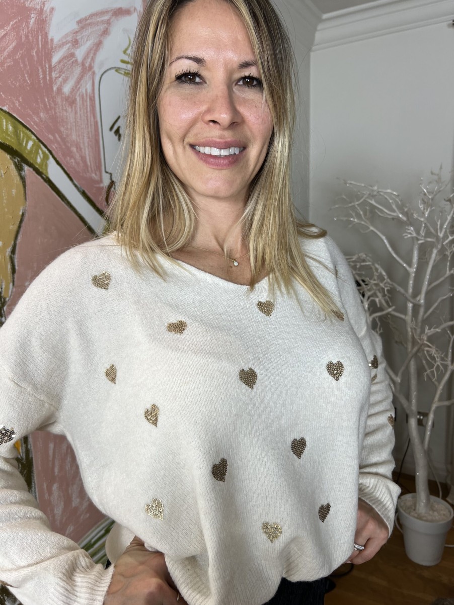 La Maison Knitwear | Cream And Gold Heart V-Neck Jumper - La Maison