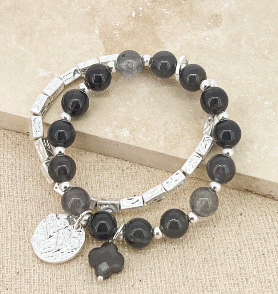 La Maison Bracelets | Silver And Grey Semi Precious Bead Multi Layer Bracelet - La Maison