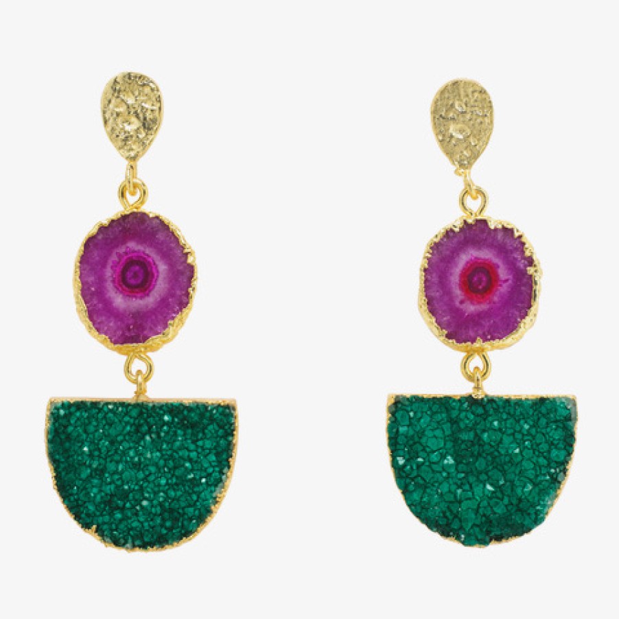 La Maison Earrings | Stunning Purple Solar Quartz And Green Druzy Agate Gold Pendant Earrings - La Maison