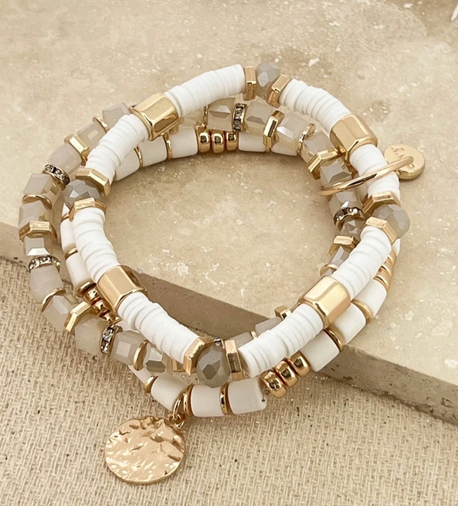 La Maison Bracelets | Gold And White Bead Multi Layer Stretch Bracelet - La Maison