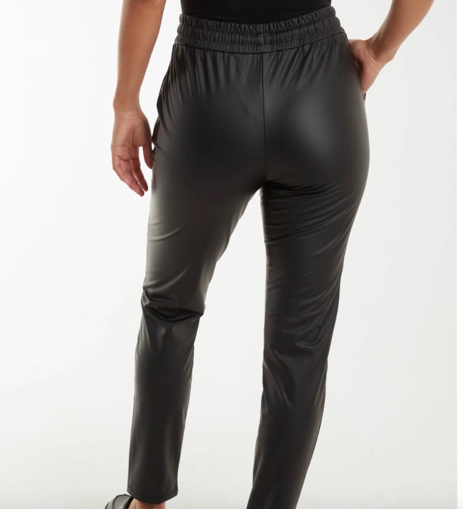 La Maison Trousers | Elastic Tie Waist Leather Look Trousers - La Maison