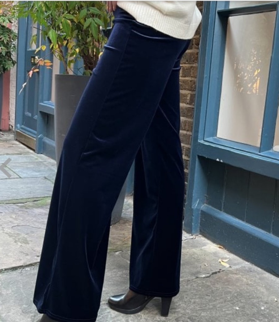 La Maison Trousers | Navy Soft Velvet Wide Leg Palazzo Trouser - La Maison