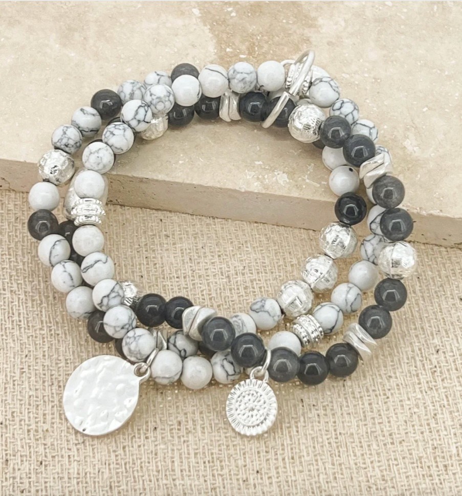 La Maison Bracelets | Silver Layered Stretch Bracelet With White And Grey Beads - La Maison