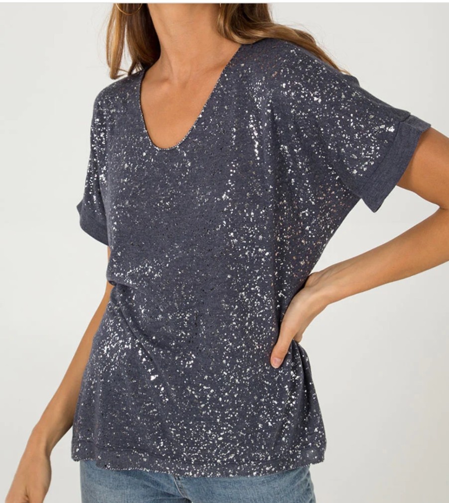 La Maison Blouses And Tops | Silver Splatter Basic Tee In Dark Grey Or White - La Maison