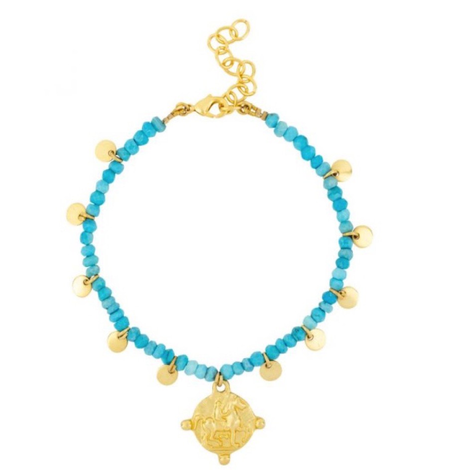 La Maison Bracelets | Mini Turquoise Gemstone Bead And Gold Petal Bracelet With Horse Coin Charm - La Maison