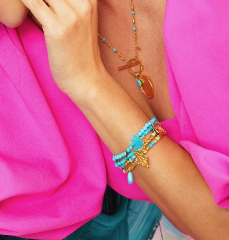 La Maison Bracelets | Mini Turquoise Gemstone Bead And Gold Petal Bracelet With Horse Coin Charm - La Maison