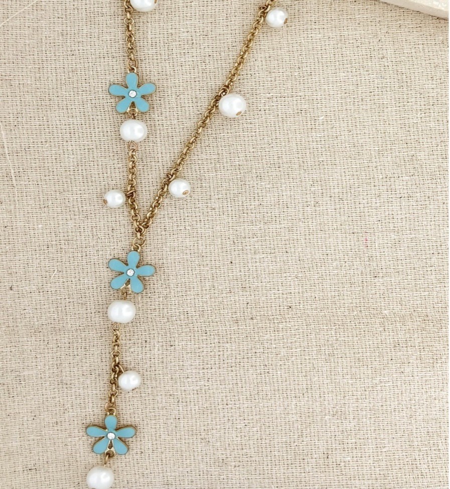 La Maison Necklaces | Long Gold Necklace With Blue Flowers And Pearls - La Maison