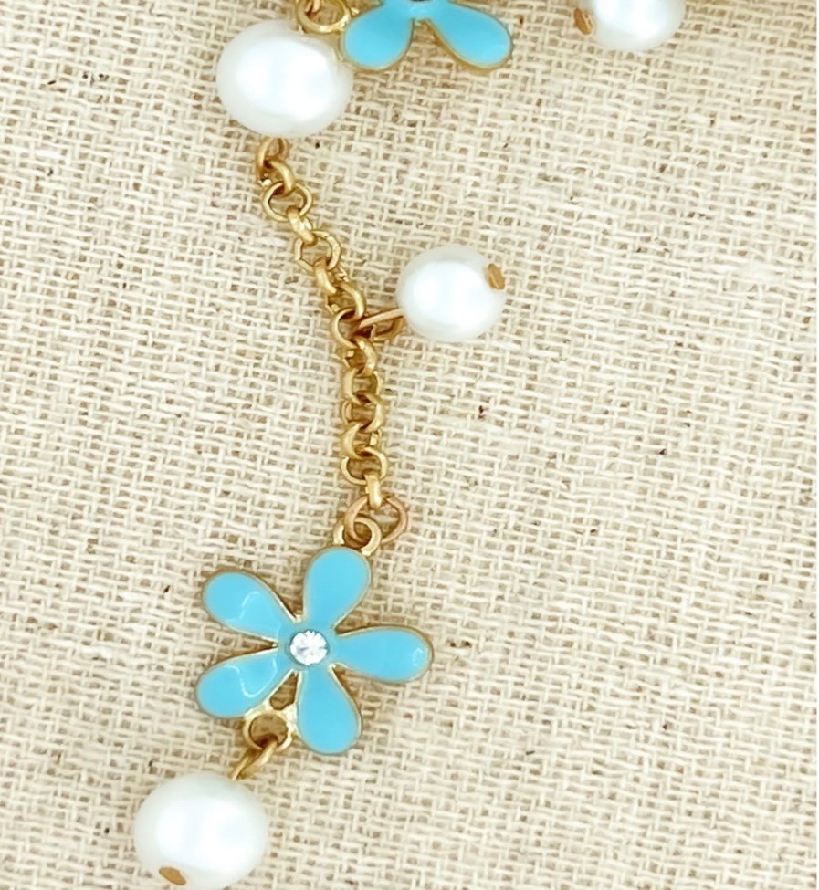 La Maison Necklaces | Long Gold Necklace With Blue Flowers And Pearls - La Maison