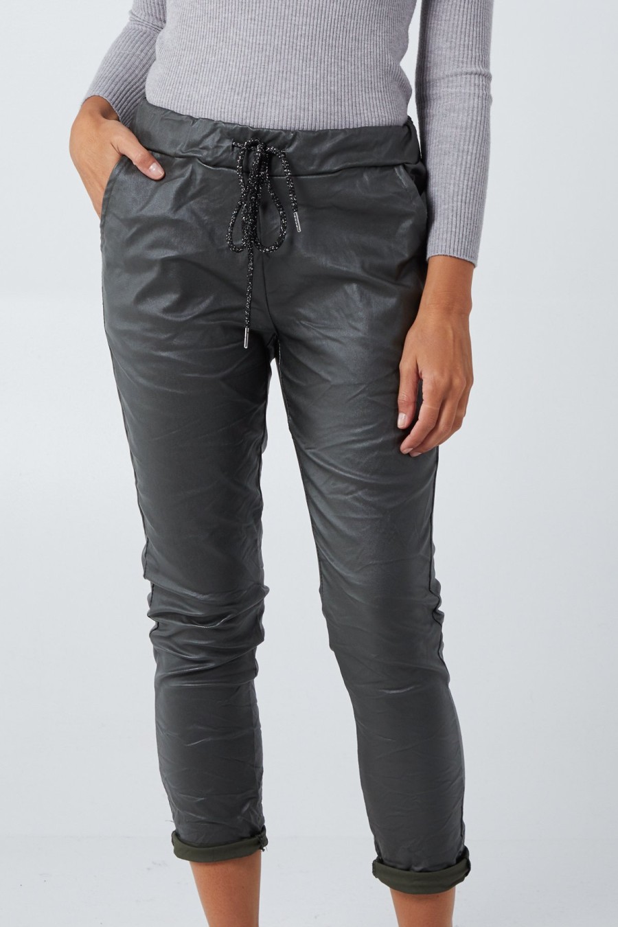 La Maison Trousers | Pu Coated Stretch Jogger Style Trousers - La Maison