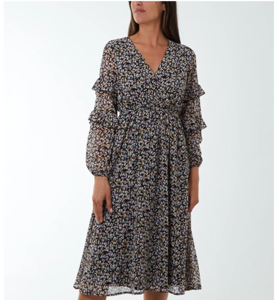 La Maison Dresses And Skirts | Ditsy Floral Frill Sleeve Wrap Midi Dress - La Maison