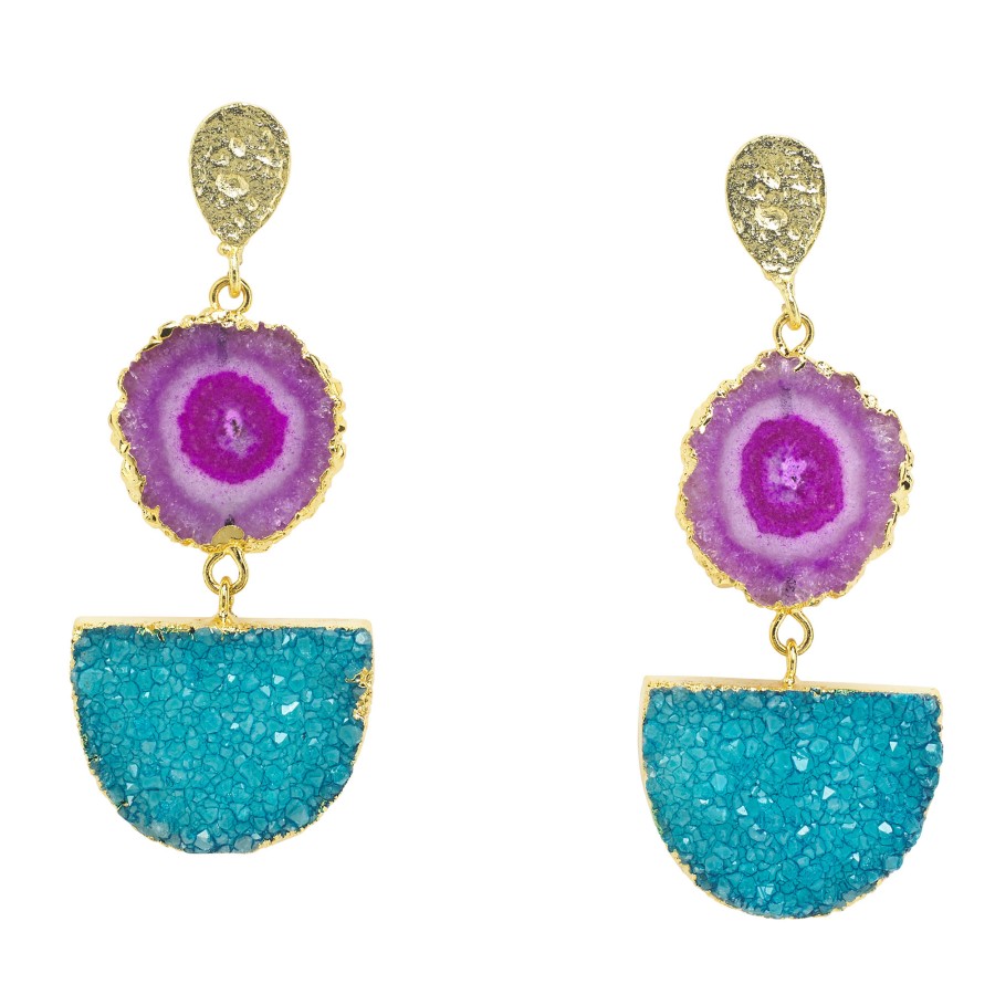 La Maison Earrings | Stunning Violet Solar Quartz And Turquoise Druzy Agate Gold Pendant Earrings - La Maison