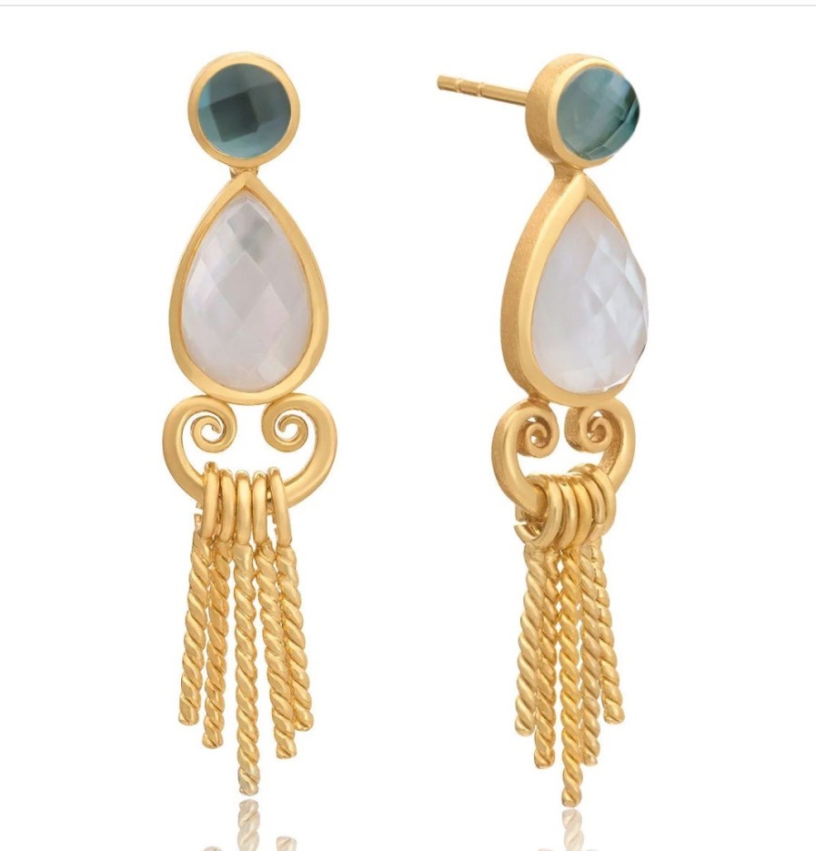 La Maison Earrings | Azuni Zepha Double Gemstone Studs With Twisted Rope Tassel - Mother Of Pearl - La Maison