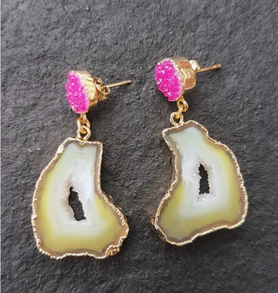 La Maison Earrings | Yellow & Pink Agate African Slice Earrings - La Maison