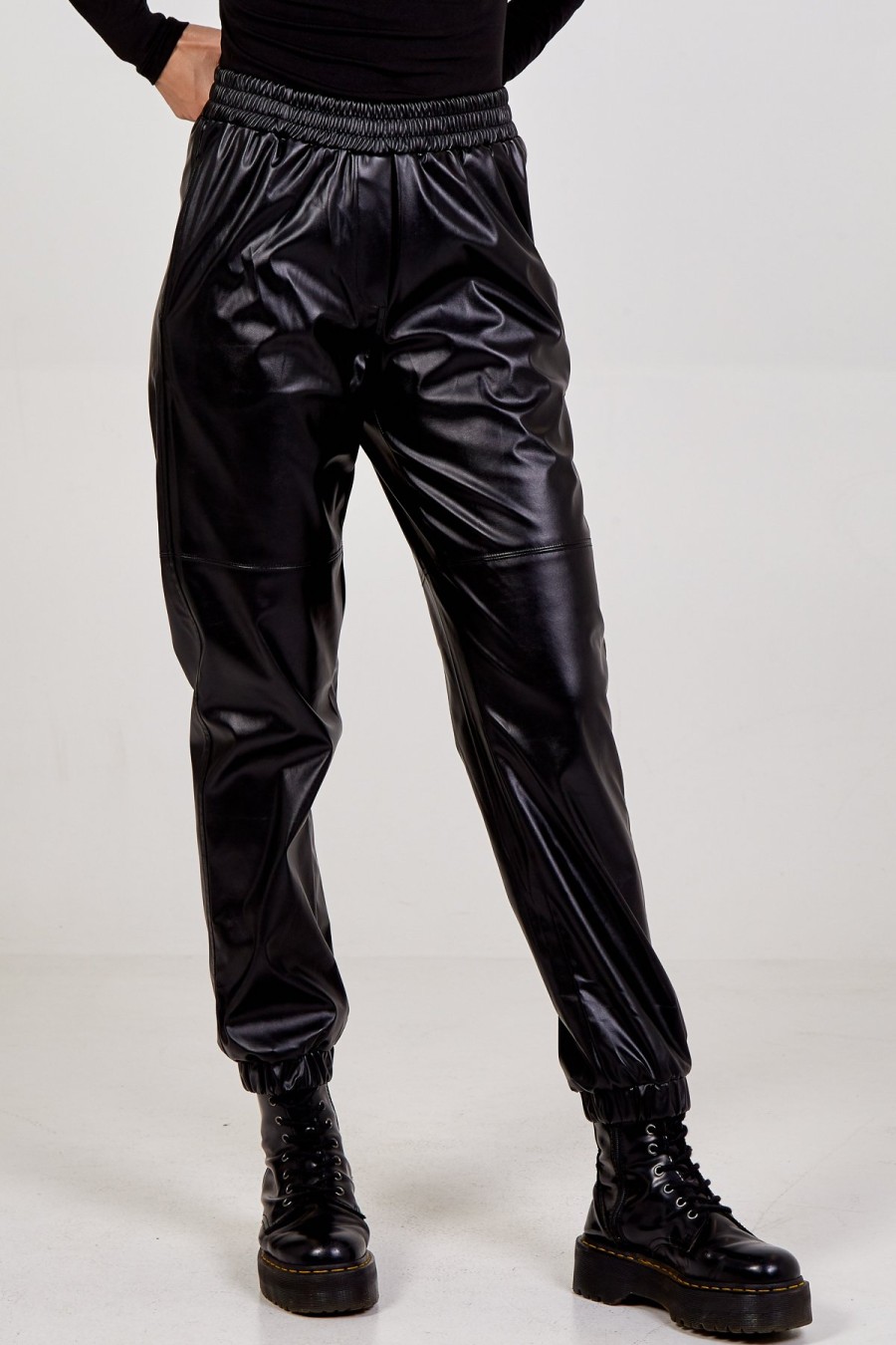 La Maison Trousers | Elasticated Waist Black Pu Joggers - La Maison