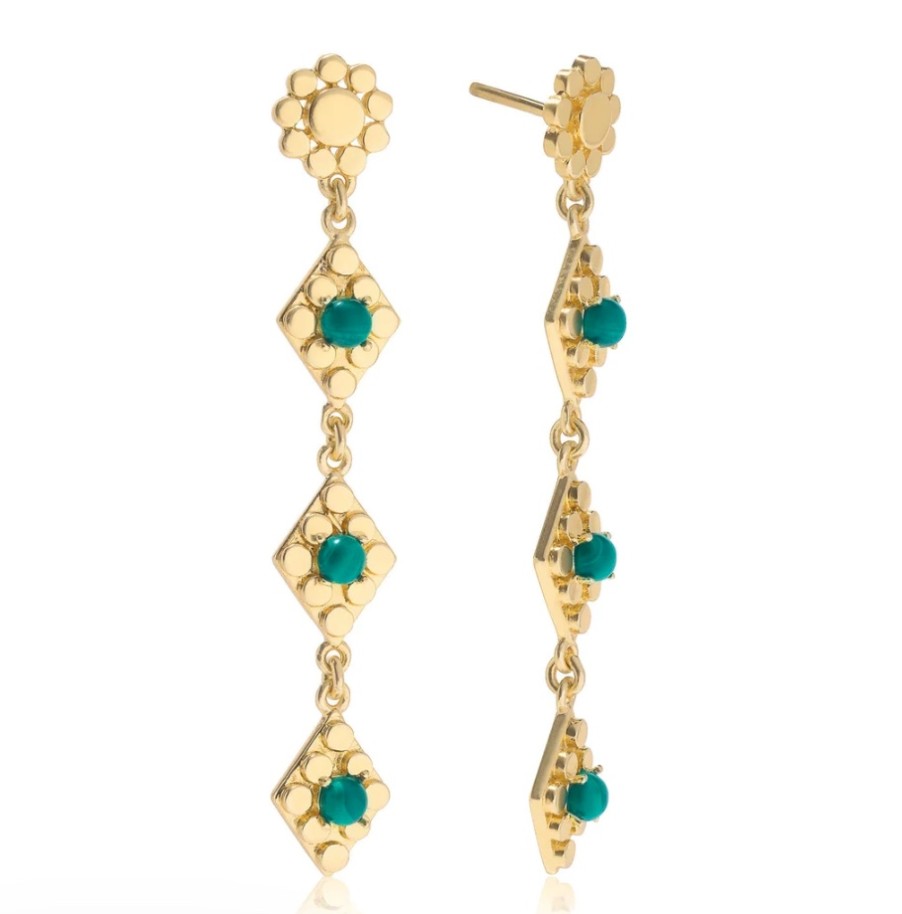 La Maison Earrings | Azuni Long Diamond & Malachite Motif Earrings - La Maison