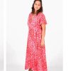 La Maison Dresses And Skirts | Red & Pink Leopard & Star Dipped Hem Wrap Dress - La Maison