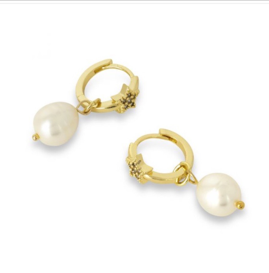 La Maison Earrings | Cubic Zirconia Star Huggie Hoops With Freshwater Pearls - La Maison