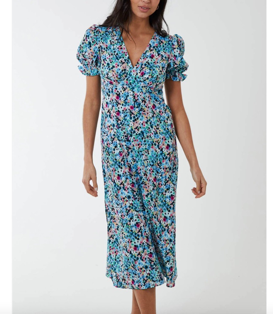 La Maison Dresses And Skirts | Frill Puff Sleeve Floral Midi Dress In Turquoise - La Maison