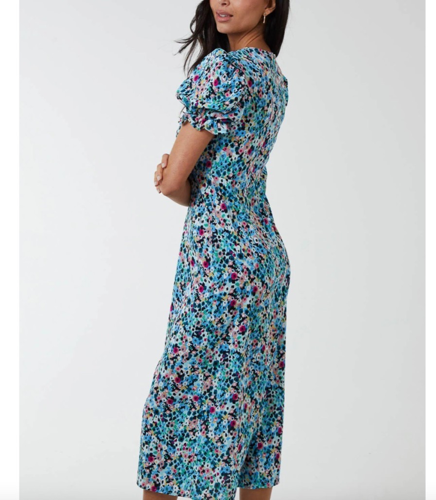 La Maison Dresses And Skirts | Frill Puff Sleeve Floral Midi Dress In Turquoise - La Maison