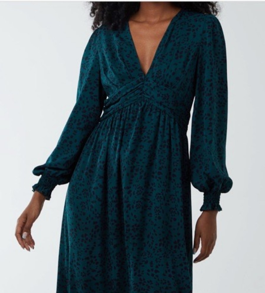 La Maison Dresses And Skirts | Green Ruched Deep V Volume Midi Dress - La Maison