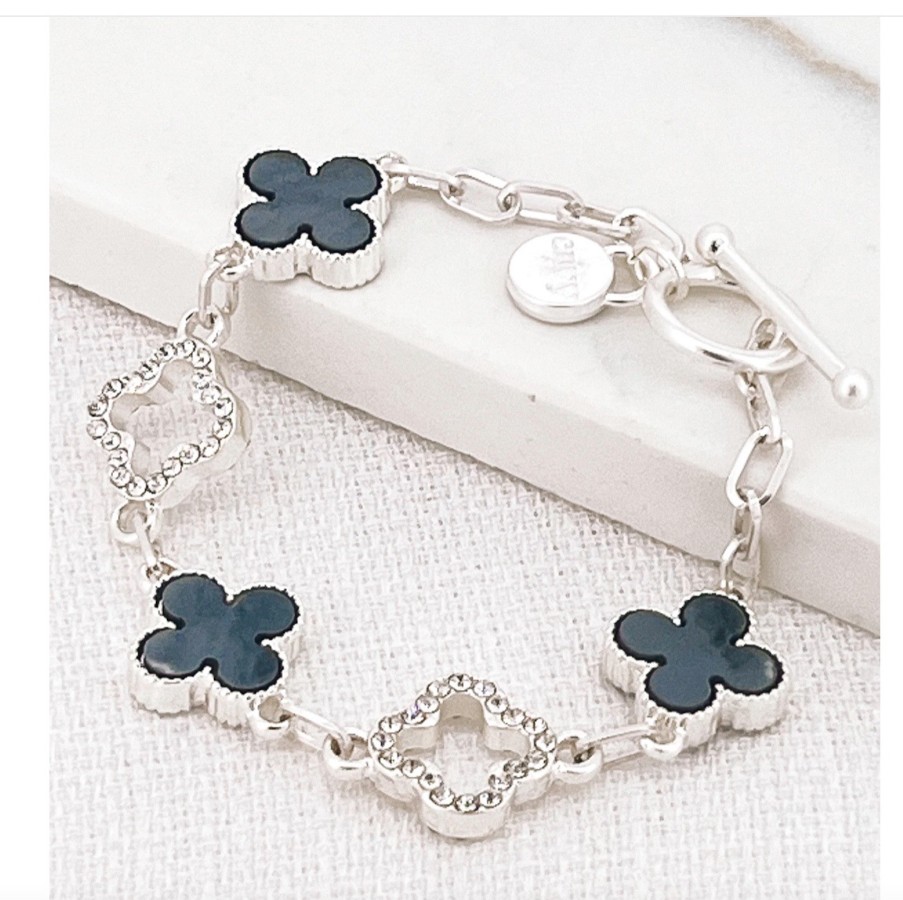 La Maison Bracelets | Silver Grey And Diamante Fleur T -Bar Bracelet - La Maison