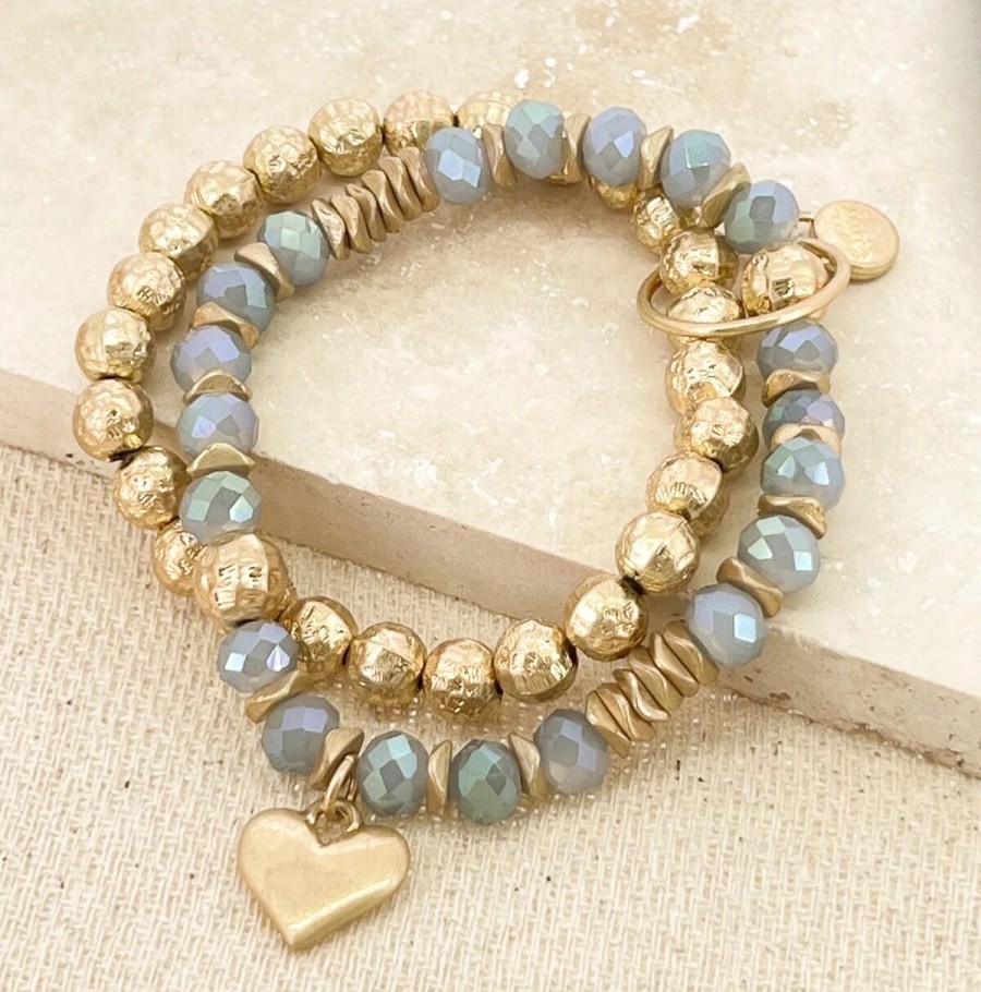 La Maison Bracelets | Gold And Pale Blue Faceted Bead Multi Layer Stretch Bracelet - La Maison