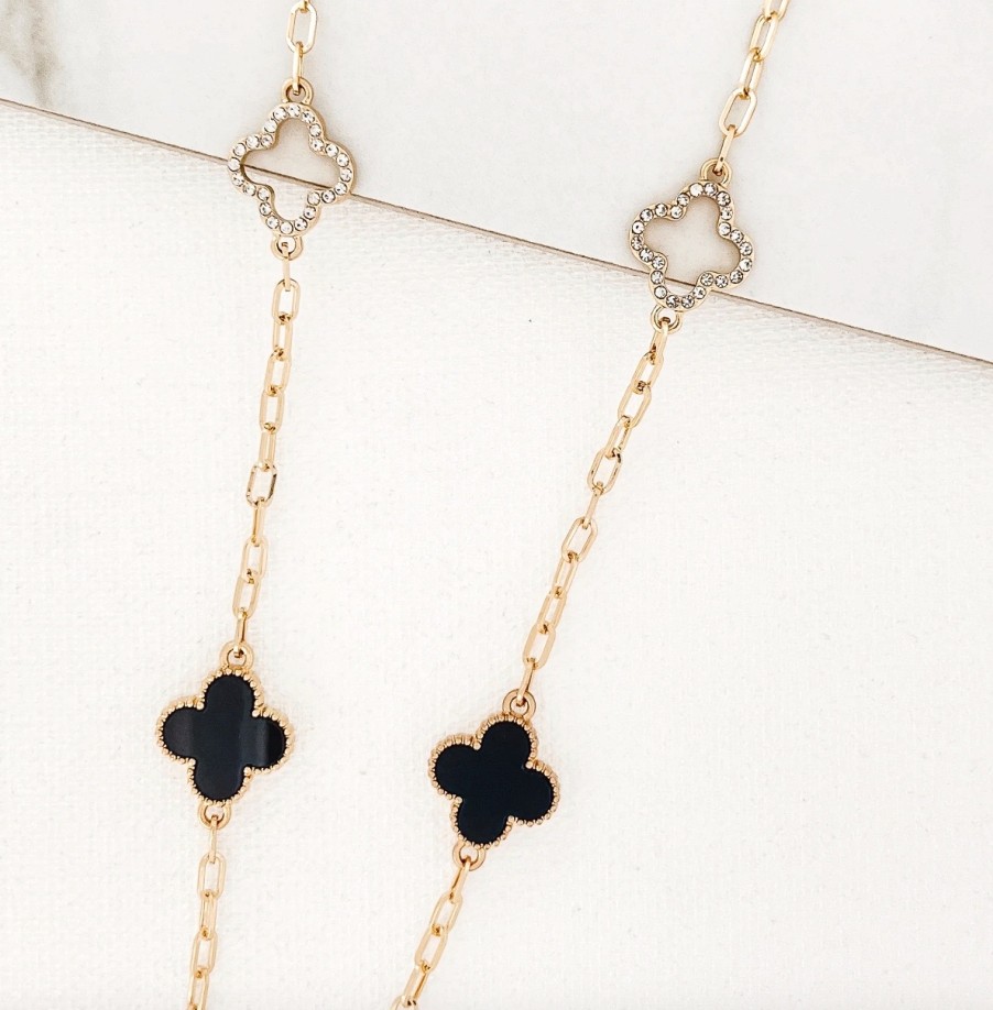 La Maison Necklaces | Long Gold Necklace With Diamante And Black Fleurs - La Maison