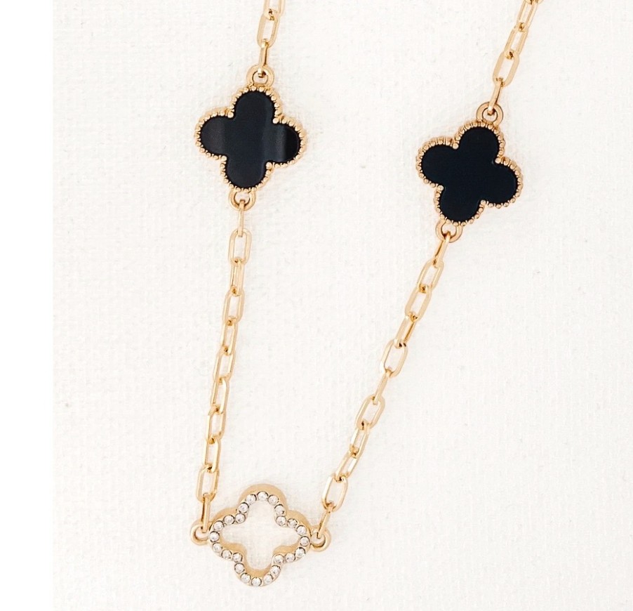 La Maison Necklaces | Long Gold Necklace With Diamante And Black Fleurs - La Maison