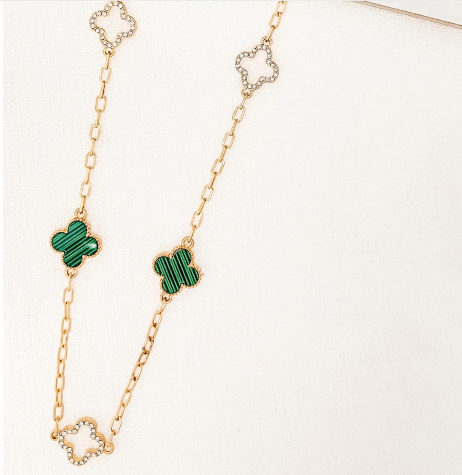 La Maison Necklaces | Envy Long Gold Necklace With Diamante And Green Fleurs - La Maison