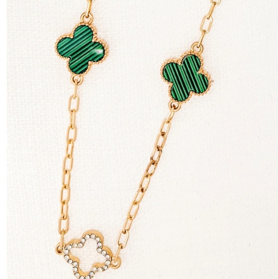 La Maison Necklaces | Envy Long Gold Necklace With Diamante And Green Fleurs - La Maison