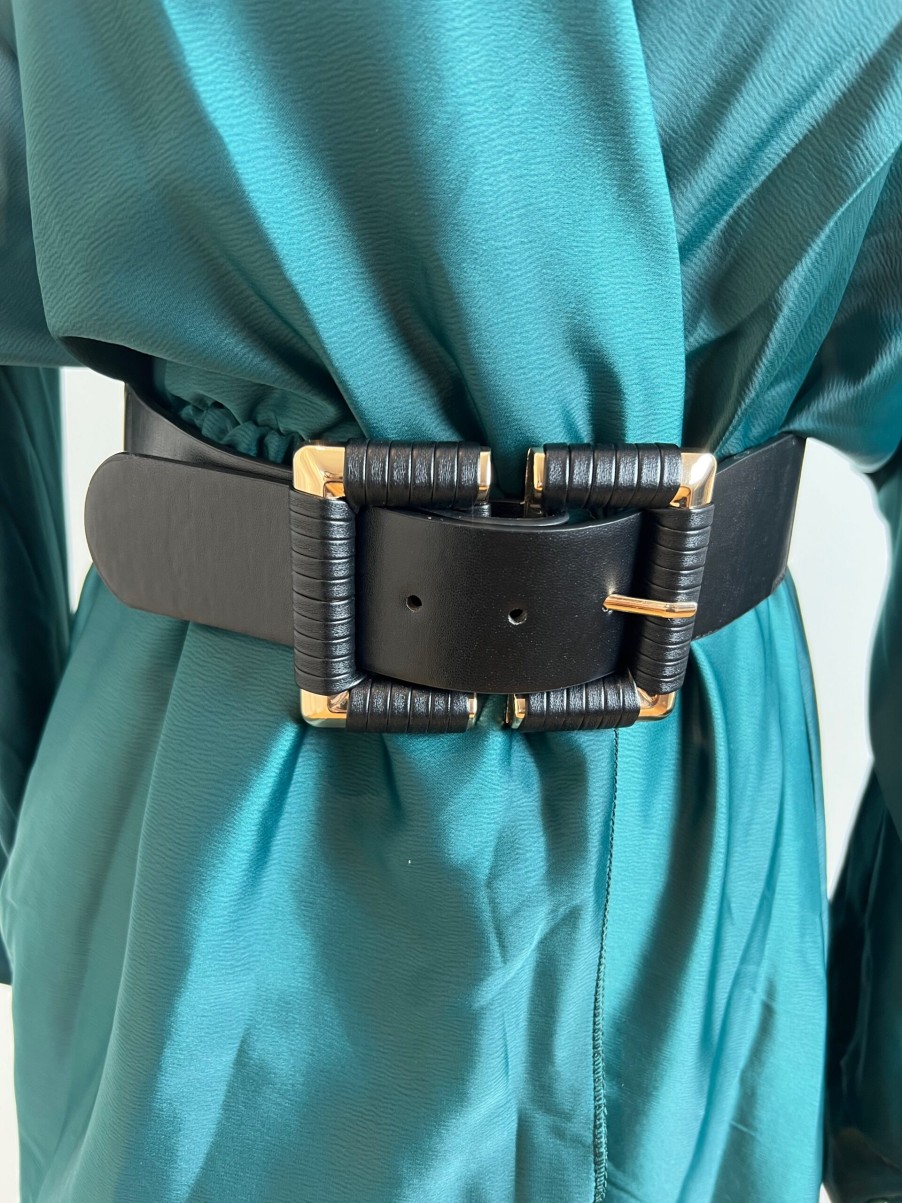 La Maison Accessories | Black Faux Leather Elasticated Adjustable Buckle Belt - La Maison