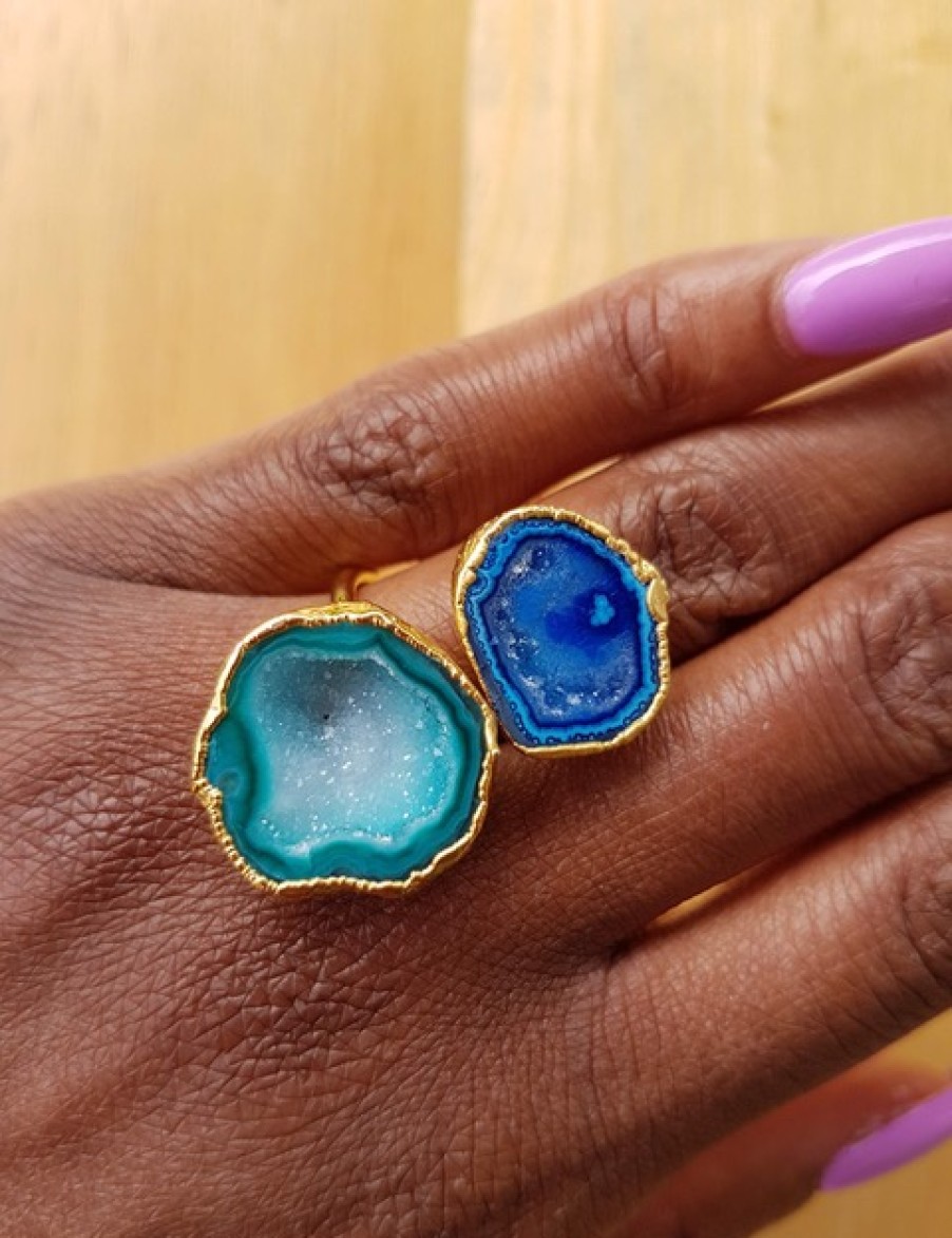 La Maison Rings | Double Semi Precious Stone Gold Ring Adjustable - Blue And Green - La Maison