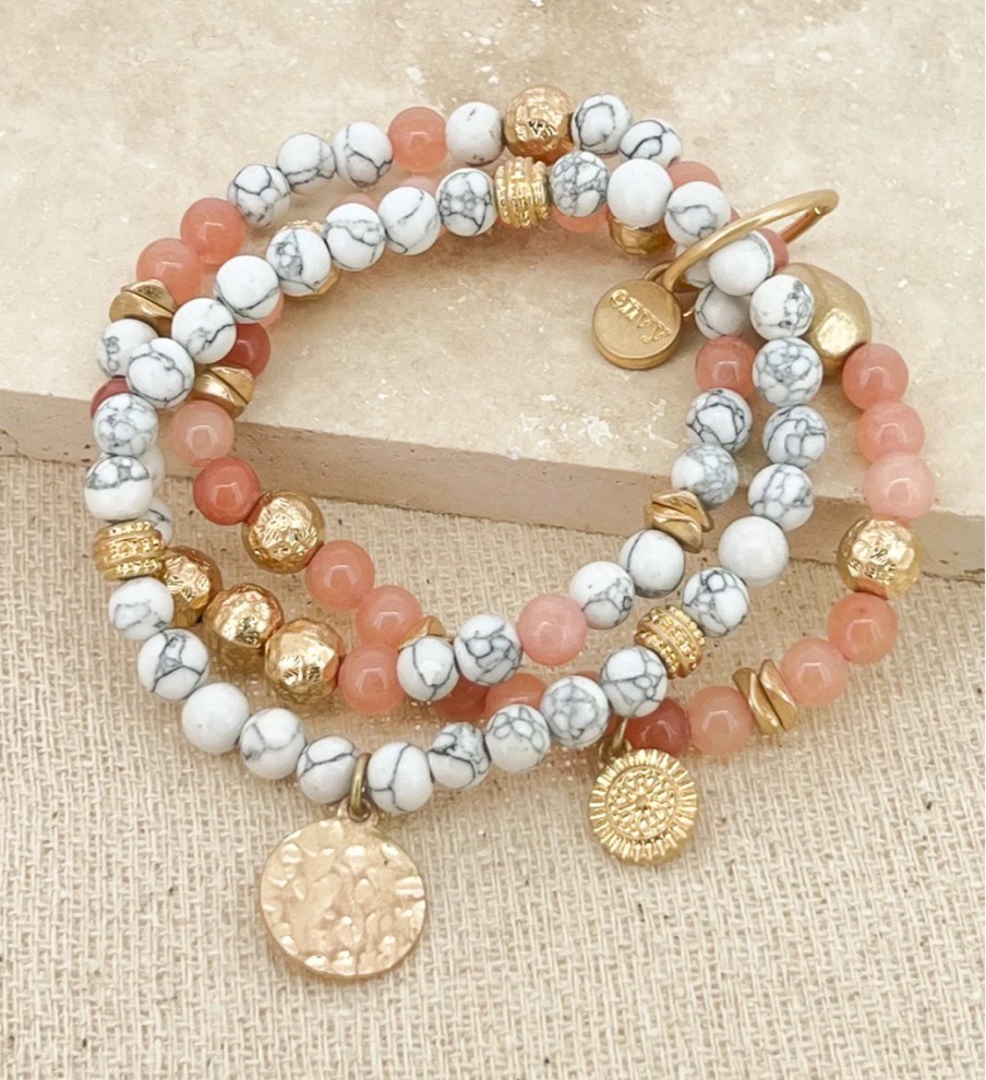 La Maison Bracelets | Gold Layered Stretch Bracelet With White And Pink Beads - La Maison