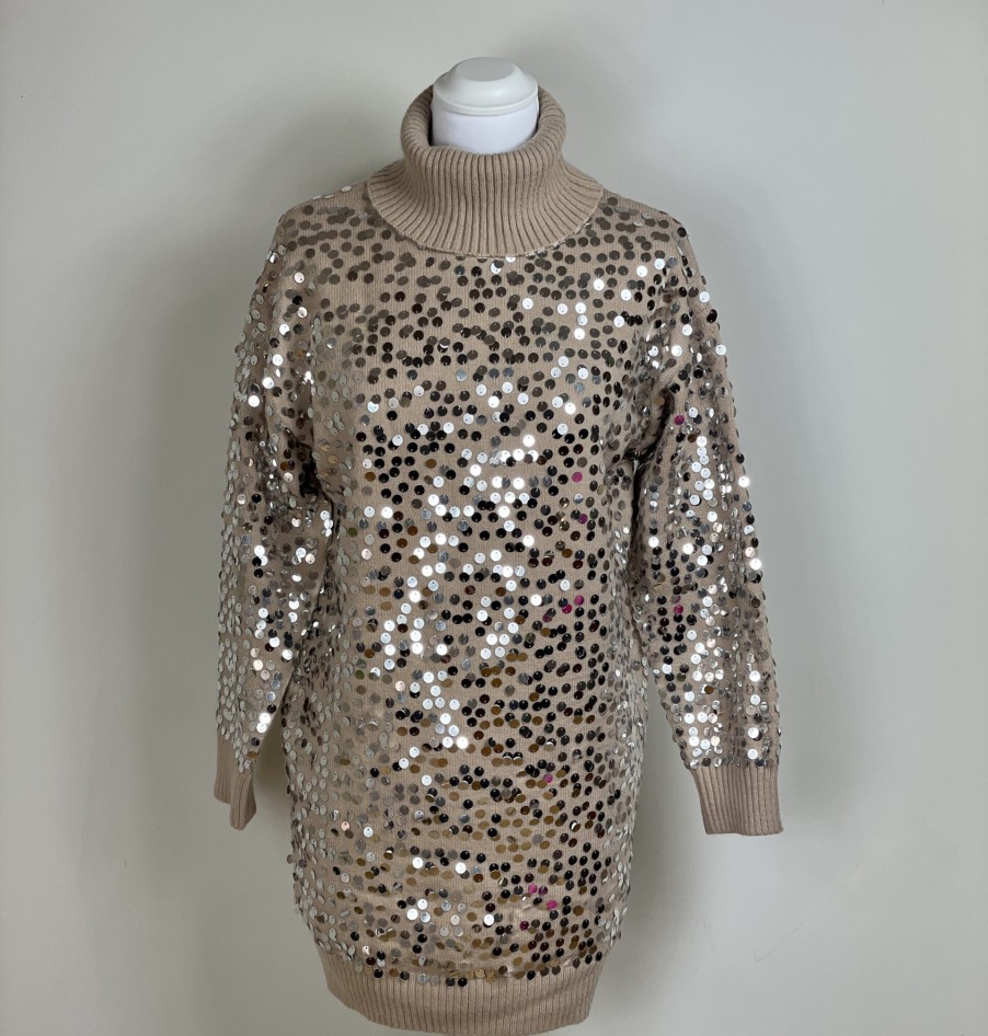 La Maison Knitwear | Beige Sequin Roll Neck Jumper - La Maison