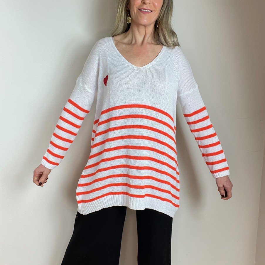 La Maison Knitwear | Striped Cotton Mix Jumper With Heart Motif - La Maison