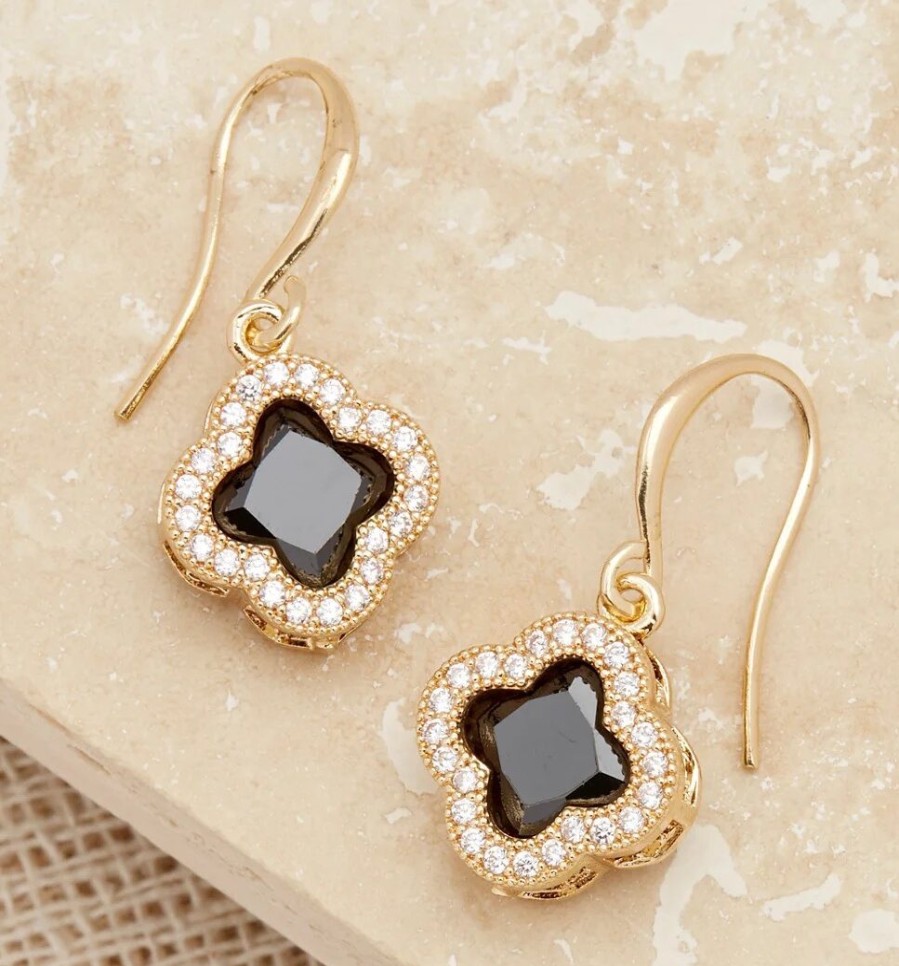 La Maison Earrings | Envy Gold And Black Small Crystal Clover Drop Earring - La Maison