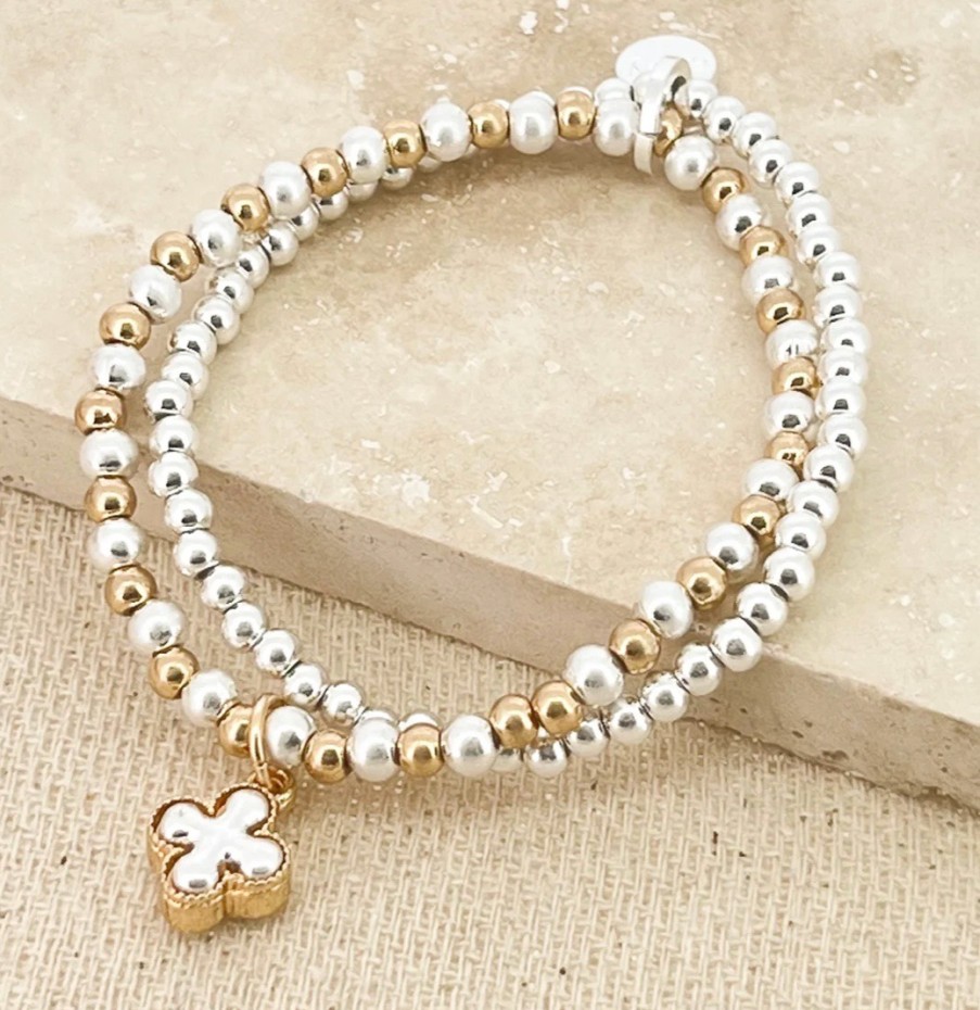 La Maison Bracelets | Envy Gold And White Semi Precious Bead Layer Bracelet With Clover Charm - La Maison