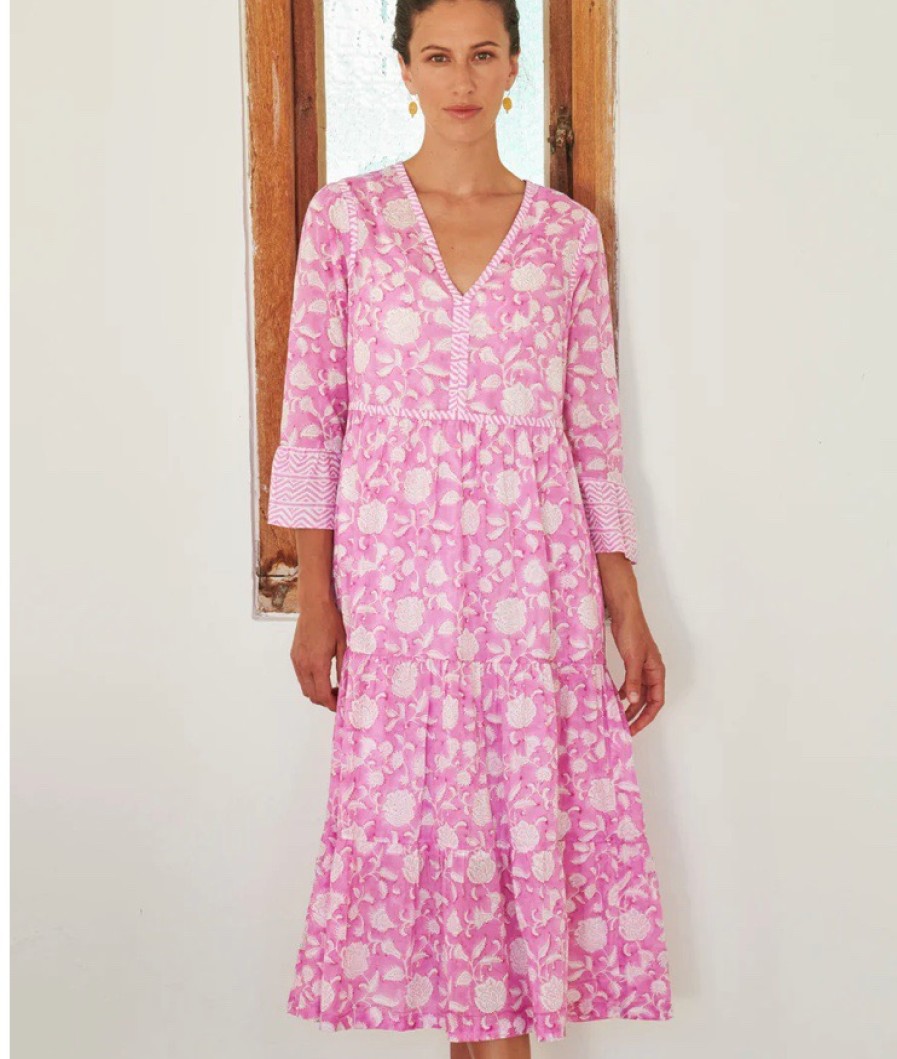 La Maison Dresses And Skirts | Aspiga Hayden Organic Cotton Midi Dress In Ornate Flower Pink/White - La Maison