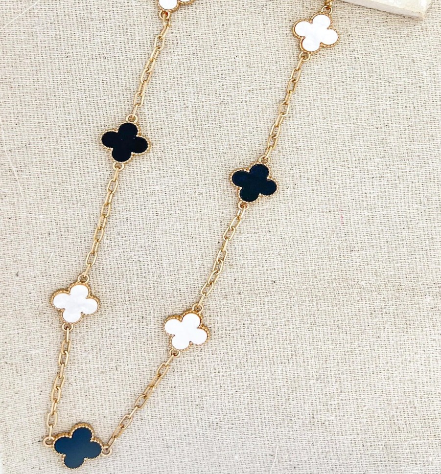 La Maison Necklaces | Envy Long Gold Necklace With Black And White Clover Detail - La Maison