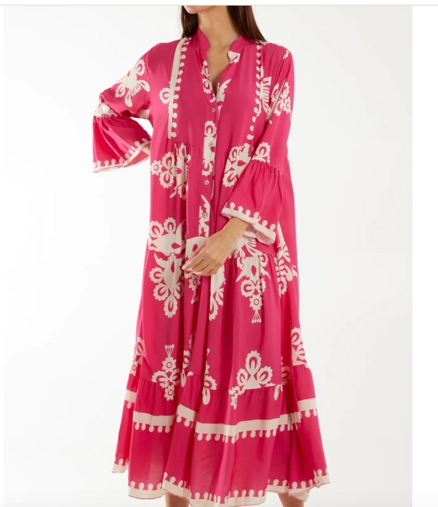 La Maison Dresses And Skirts | Folk Print Tiered Midi Dress In Hot Pink - La Maison