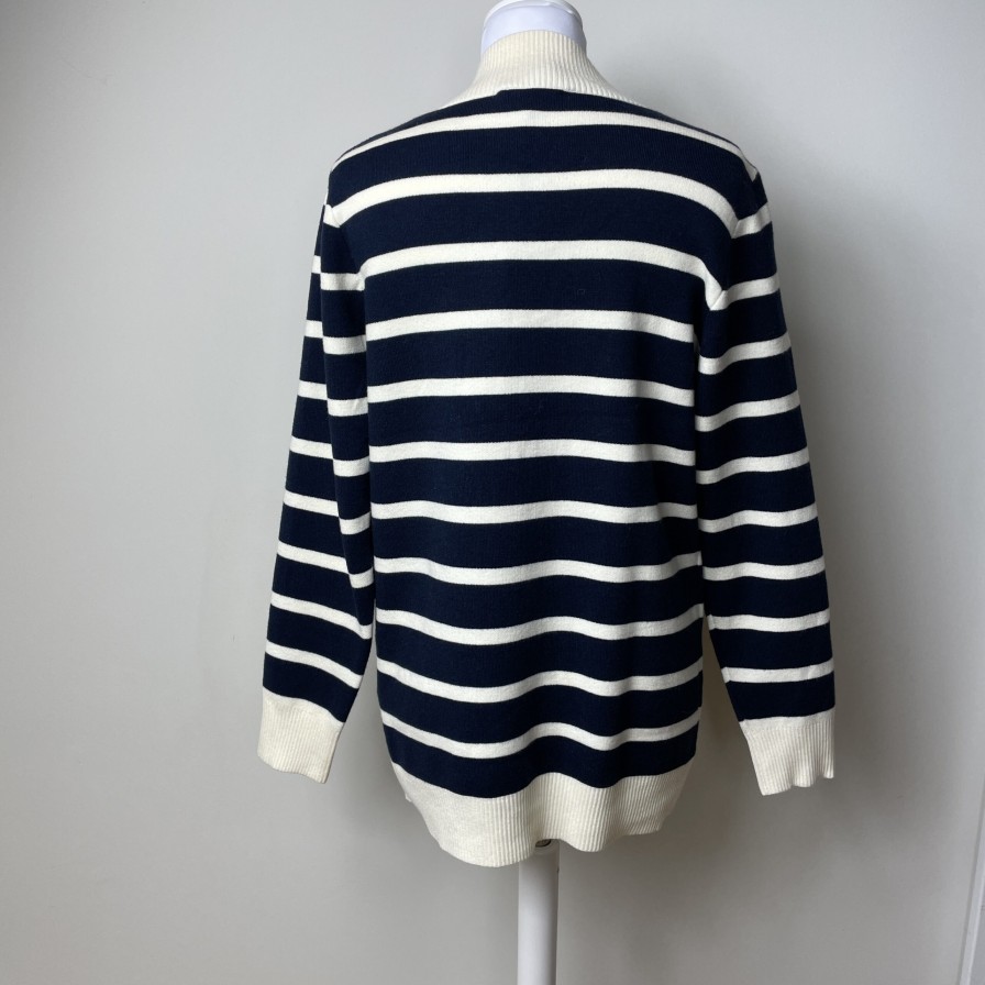 La Maison Knitwear | Navy & Cream Striped Cardigan - La Maison