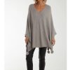 La Maison Knitwear | Faux Fur Pom Pom Detail Diamante Poncho In Grey - La Maison