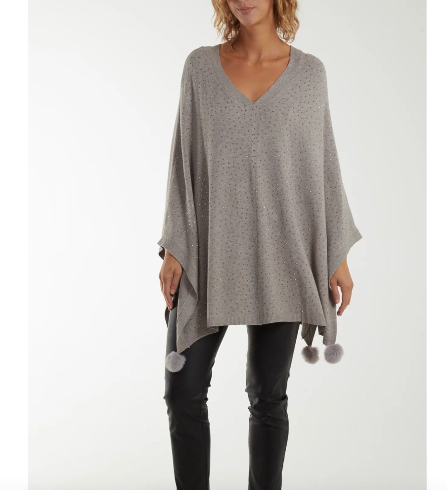 La Maison Knitwear | Faux Fur Pom Pom Detail Diamante Poncho In Grey - La Maison