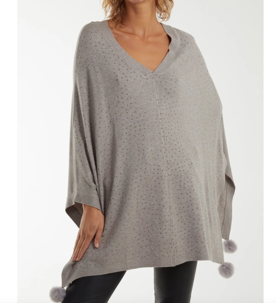 La Maison Knitwear | Faux Fur Pom Pom Detail Diamante Poncho In Grey - La Maison