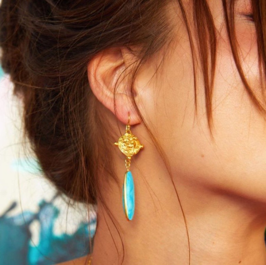 La Maison Earrings | Mare Vintage Inspired Coin Earrings With Turquoise Stone Drop - La Maison