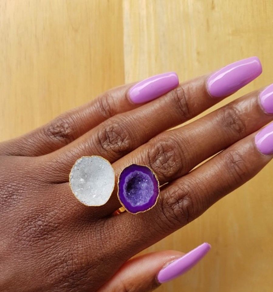 La Maison Rings | Double Semi Precious Stone Purple And White Gold Ring Adjustable - La Maison