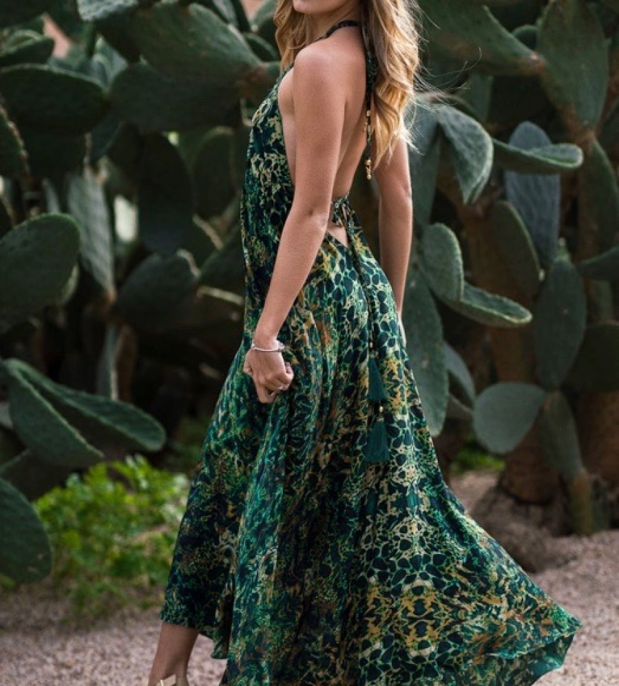 La Maison Dresses And Skirts | Sophia Alexia Emerald Leopard Silk Ibiza Dress - La Maison