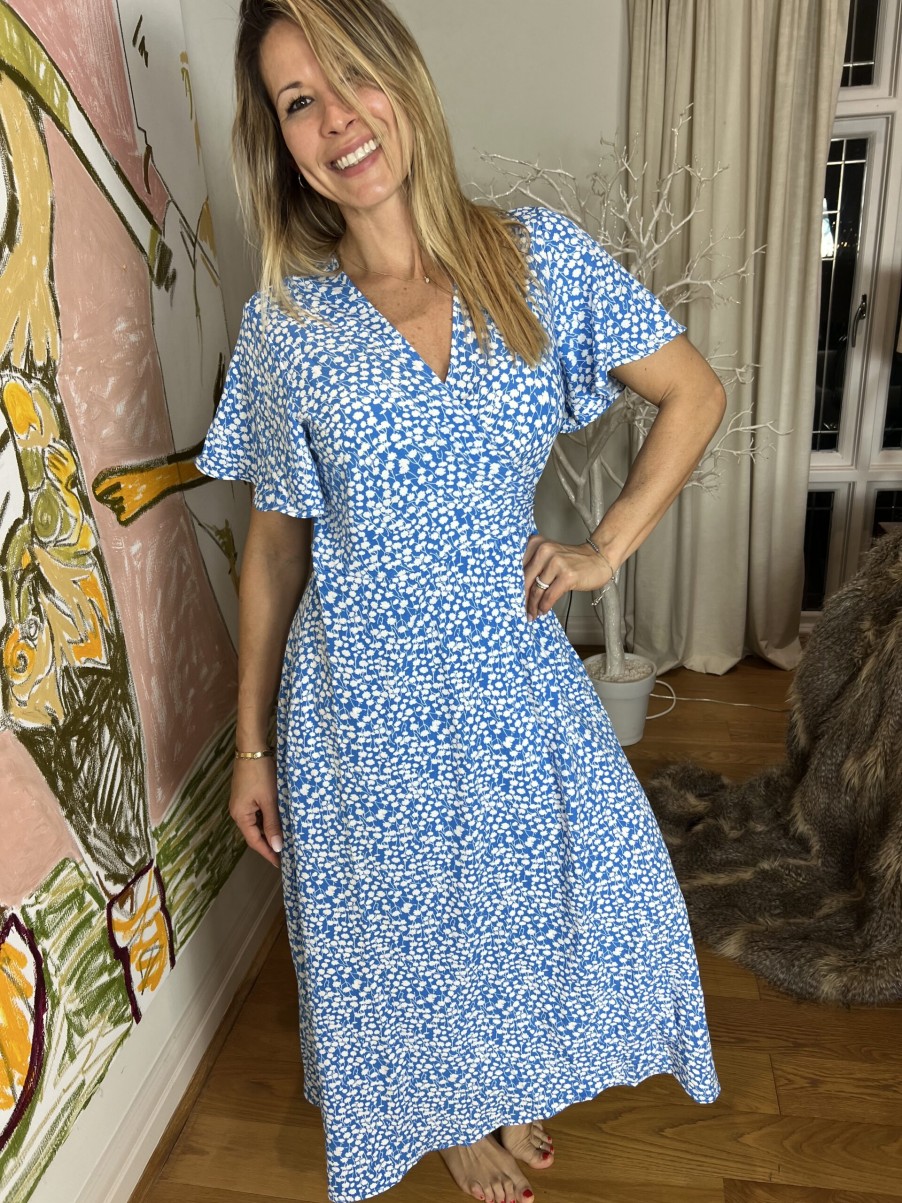 La Maison Dresses And Skirts | Blue Short Sleeve Dipped Hem Wrap Dress - La Maison